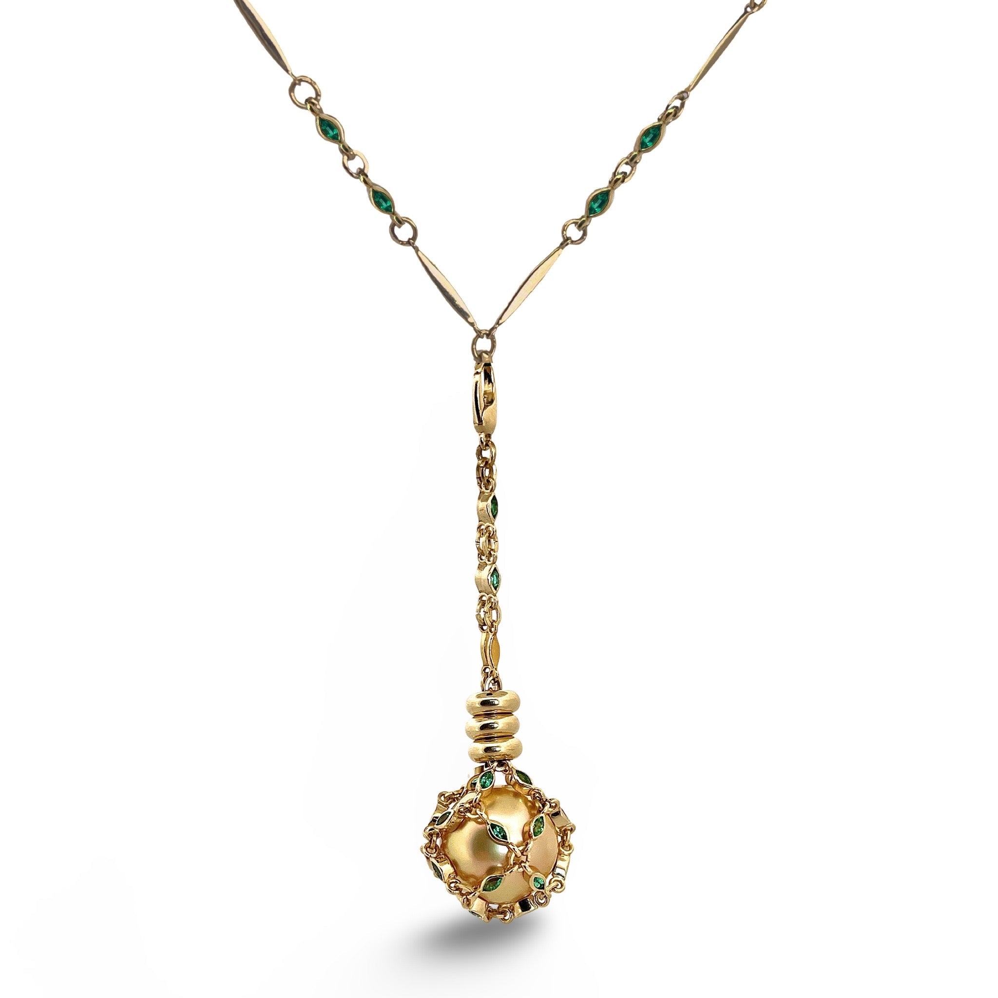 🍬 EMERALD MARQUISE GOLDEN PEARL PENDANT + STATIONED NECKLACE - Hey Babe LA