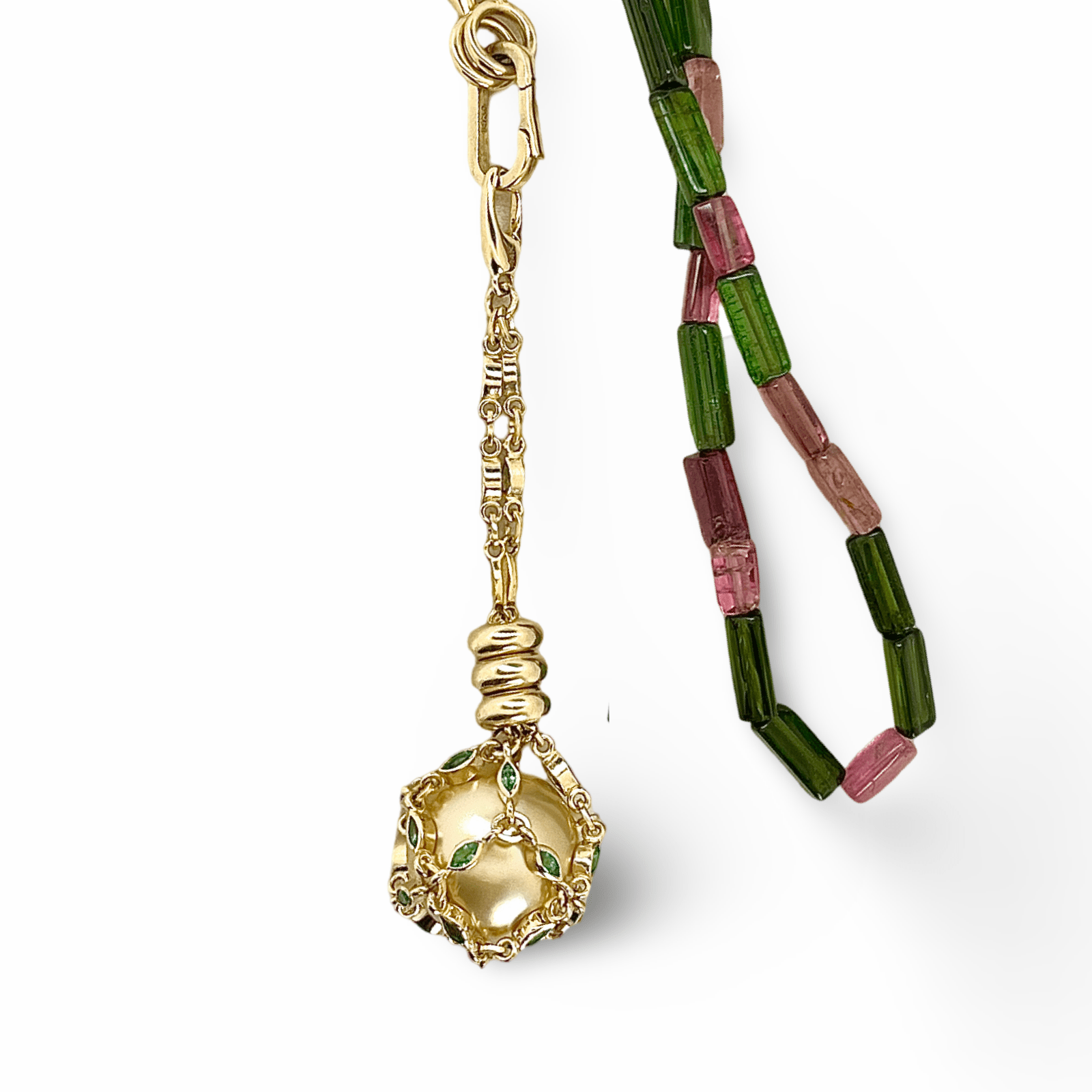 💠 TOURMALINE STRAND + MARQUISE EMERALD PETITE ELO PENDANT+ SOUTH SEA GOLDEN PEARL - Hey Babe LA