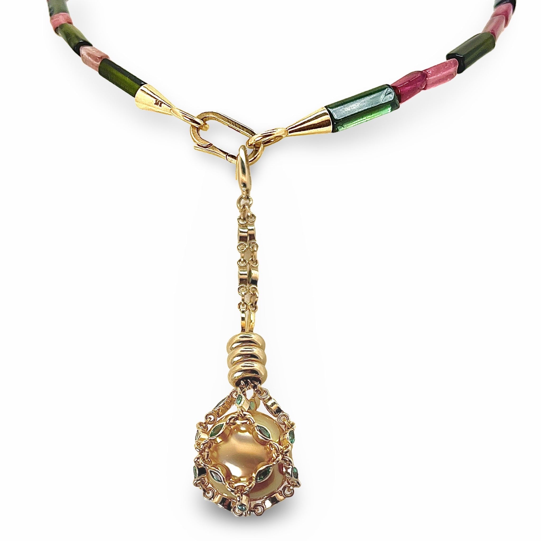 💠 TOURMALINE STRAND + MARQUISE EMERALD PETITE ELO PENDANT+ SOUTH SEA GOLDEN PEARL - Hey Babe LA